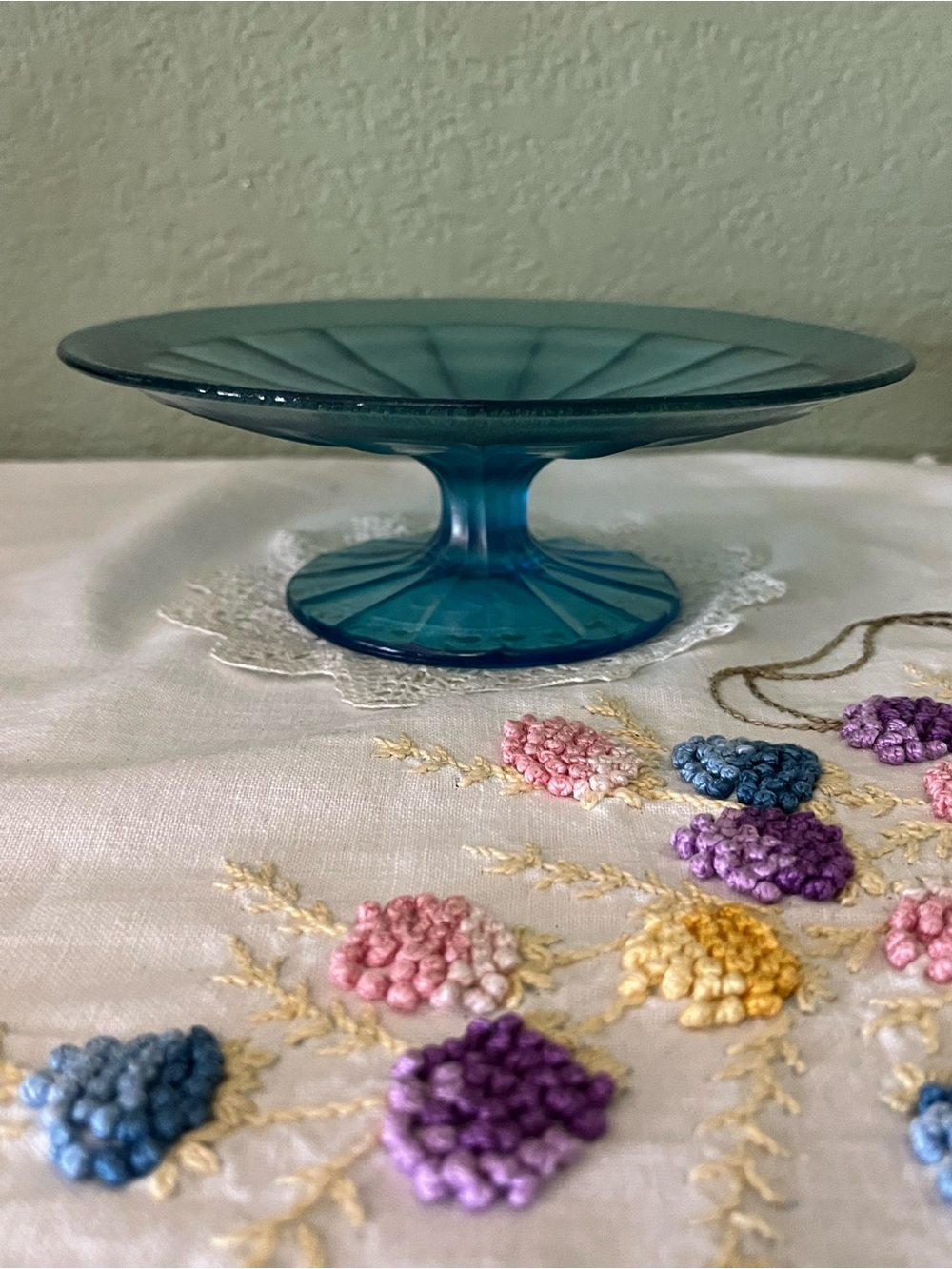 Antique Fenton Celeste Blue Stretch Glass Iridescent Pedestal Compote 7”